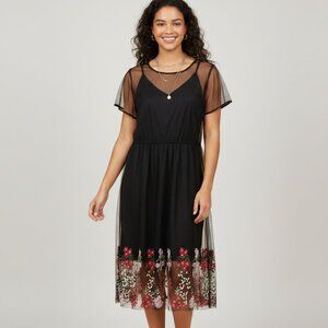 Forever 21 Midi Dress Embroidered Floral Sheer w/ Slip Black Short Sleeve sz 1X